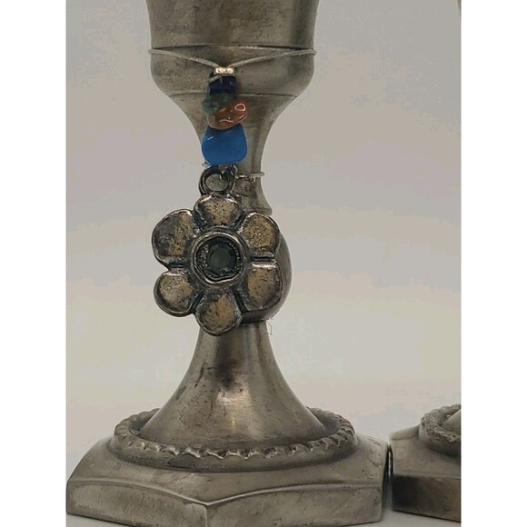 Silver Tone Brass Candlesticks Holders W/ Beads & Flower Charm Appx 3 - Picture 2 of 16